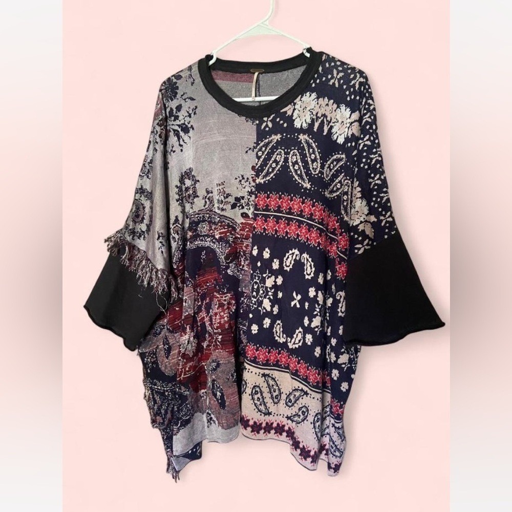 Free People Paisley Boho Oversized Fringe‎ Tunic Blouse Sweater Womens Size XS/S